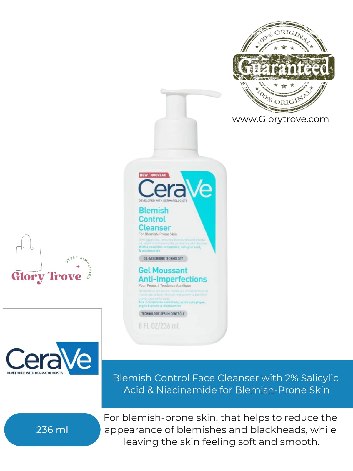 CeraVe - Blemish Control Face Cleanser with 2% Salicylic Acid & Niacinamide for Blemish-Prone Skin 236ml
