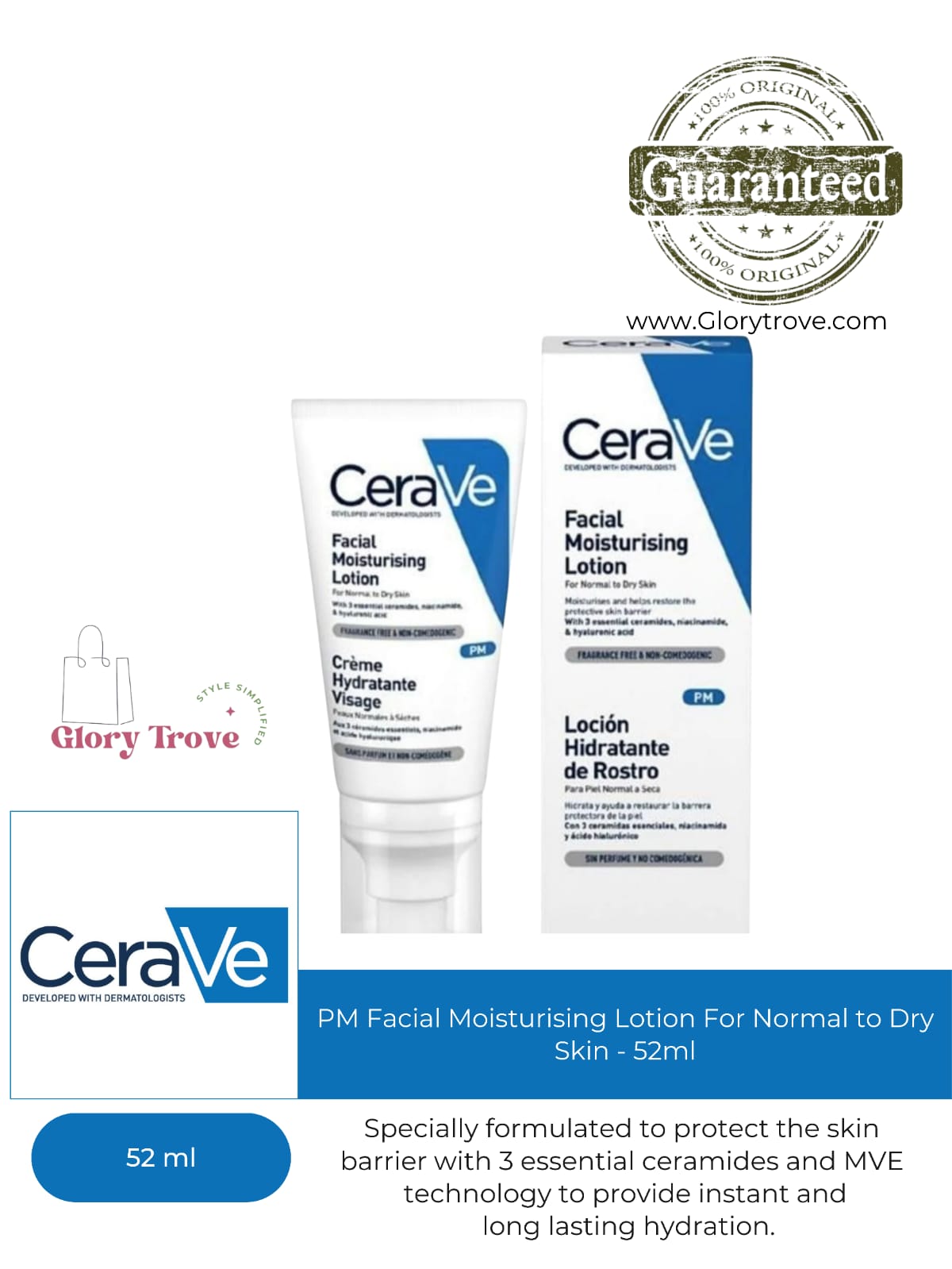 CeraVe PM Facial Moisturising Lotion For Normal to Dry Skin - 52ml