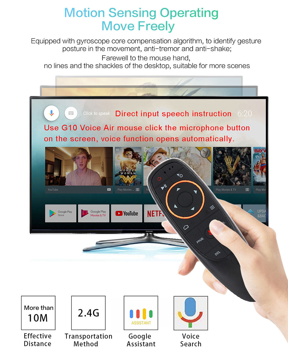 G10 Smart Voice Remote Control 2.4G RF Gyroscope Backlit Wireless Air Mouse