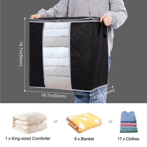 Black Storage Bag Organizer With Reinforced Handle For Comforters, Blankets, Bedding, Collapsible Under Bed Storage