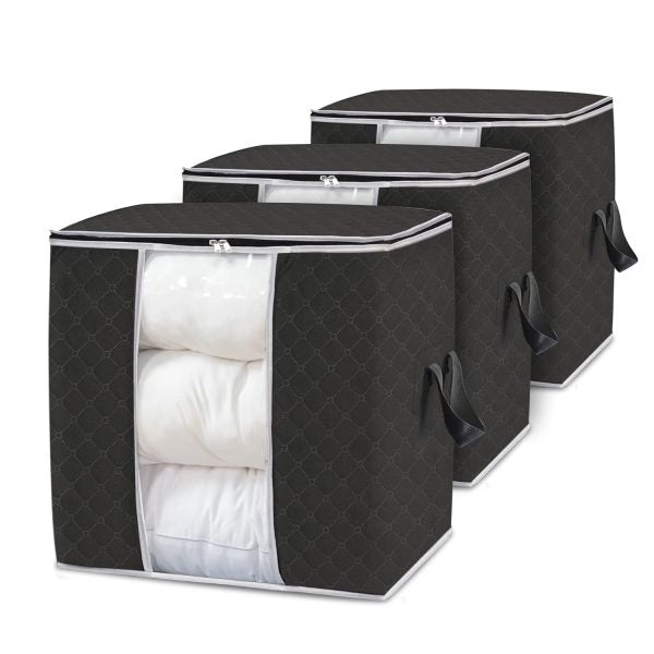 Black Storage Bag Organizer With Reinforced Handle For Comforters, Blankets, Bedding, Collapsible Under Bed Storage