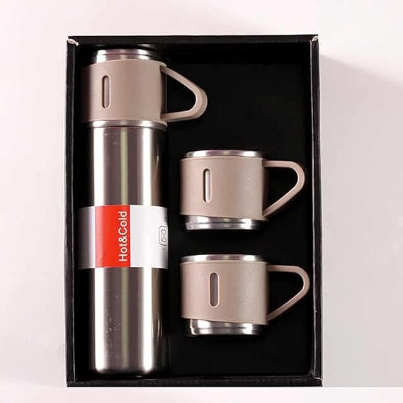 Vacuum Flask Gift Set With 3 Stainless Steel Cups Combo – 500ml – Keeps Hot/cold (random Color)